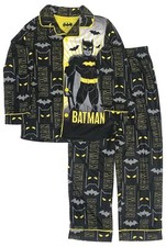 Batman Boys Black  Yellow 2 Piece Flannel Button Up Pajamas Sleep Set