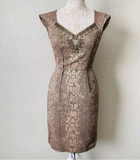 NWT Antonio Melani Size 6 Brown Snakeskin Print Sheath Dress with Beaded Embellishments