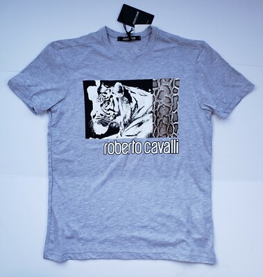 $195 Authentic Rare ROBERTO CAVALLI Men's Logo Printed Fitted Grey T-shirt Tee M