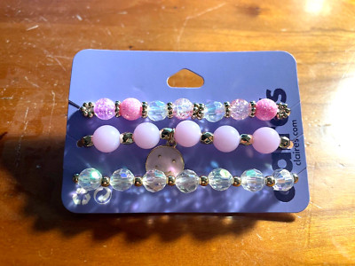 New Set of 3 Pink/Clear Beaded Bracelets with Smiley Face Charm  from Claire's