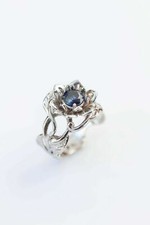 2ct Lab-Created Round Blue Sapphire Ring Flower Leaf Solitaire White Gold Plated