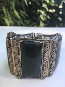 Antique Qing Dynasty Chinese Silver Filigree Green Jade Bracelet