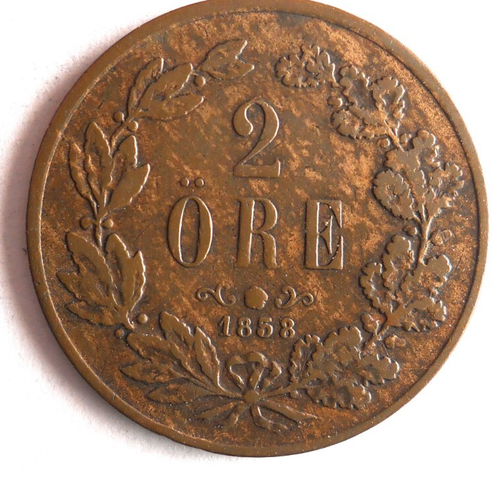 1858 SWEDEN 2 ORE - Low Mintage - Key High Value - LOT #A11