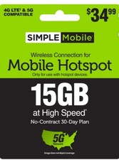  34.99 SIMPLE MOBILE 15GB HOTSPOT REFILL