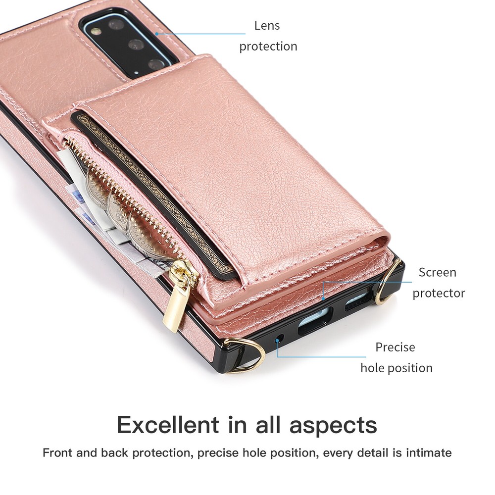 Phone Case PU Leather Credit Bank Card Holder Back Cover Shoulder Strap Cord