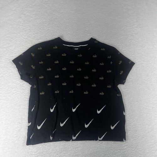 Nike Shirt Womens Small Short Sleeve Black Cropped All Over Logo Print