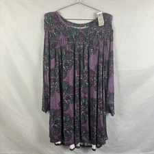 Lane Bryant Shirt Tunic Womens 26/28 Purple Floral Smocked Geometric Long Sleeve