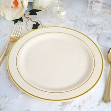 10 pcs Plastic IVORY with Gold Rim 10.25" PLATES Disposable Party Wedding SALE