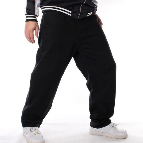 Men's Black Solid Punk Hip Hop Jeans Wide Leg Casual Pants Trousers Denim Cotton - Picture 12 of 12