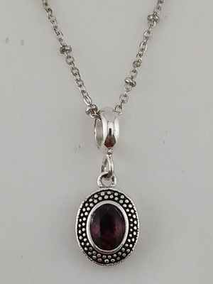 DAVINCI silvertone beads stations chain purple oval crystal pendant necklace 