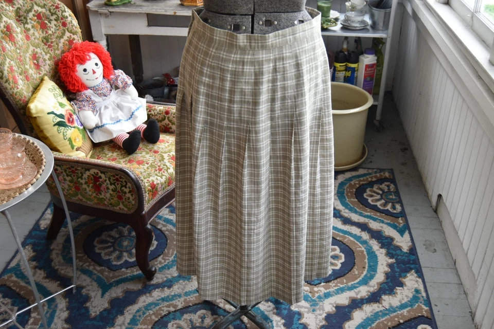 Falda a Cuadros Vintage Años 80 Stanley Mezcla de Lino Negro Beige y Blanco Talla Grande Foto 3 de 4