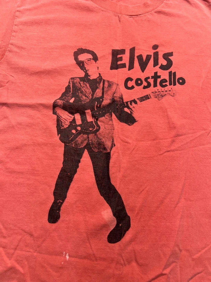 Vintage 90s Band Graphic T-Shirt Orange/ Pink Elvis Costello Mens Small - Image 3 of 4