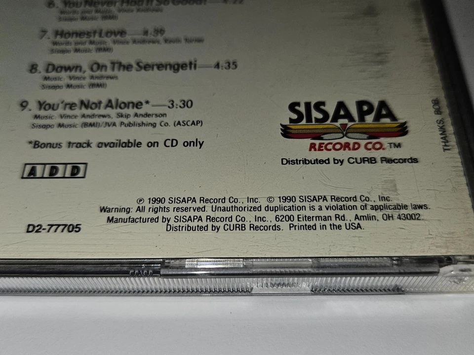 Vince Andrews Self-Titled Album CD 9 Songs 1990 SISAPA Record Co./Curb Jazz Foto 4 de 4