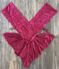 Vtg Nite Images II Lingerie Bodysuit Teddy 1X Side Ties Lace Burgundy Stripes