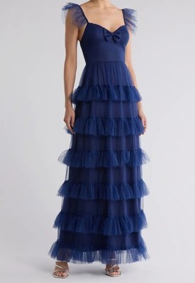 Area Stars Women's Blue Bree Ruffle Tiered Maxi Dress Size L