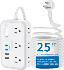 Flat Extension Cord 25 Ft, Power Strip with 6 Outlets 4 USB Ports 2 USB C ,Flat
