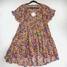 UMGEE NEW S Blue/Yellow Floral Tiered High Low Dress Cotton Boho Sleeve V-Neck