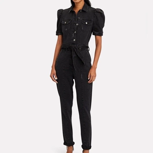 RETROFETE Jumpsuit Size M Black Denim Short Sleeve With Tie Waist - Image 4 of 4
