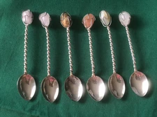 6 PC. Vtg Twisted Silver Color Salt Cocktail Mini Spoons Gemstone Semi Precious