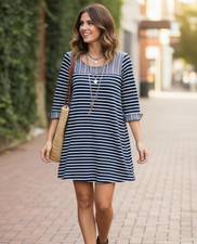 Umgee M Mini Dress Blue White Stripe Knit Swing Coastal Retro Boho Chic Office