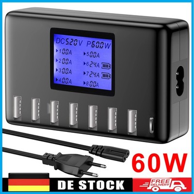 USB C Ladegerät 60W 8-Port Multi Ladestation mit LCD Bildschirm Schnellladegerät