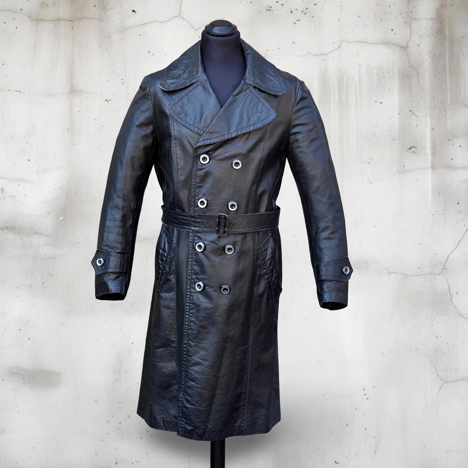 Trench in pelle nero vintageni 70 originale doppiopetto taglia M