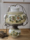 Vtg Gone with the Wind Hanging Double Light Parlor Lamp Milk Glass Floral 70's