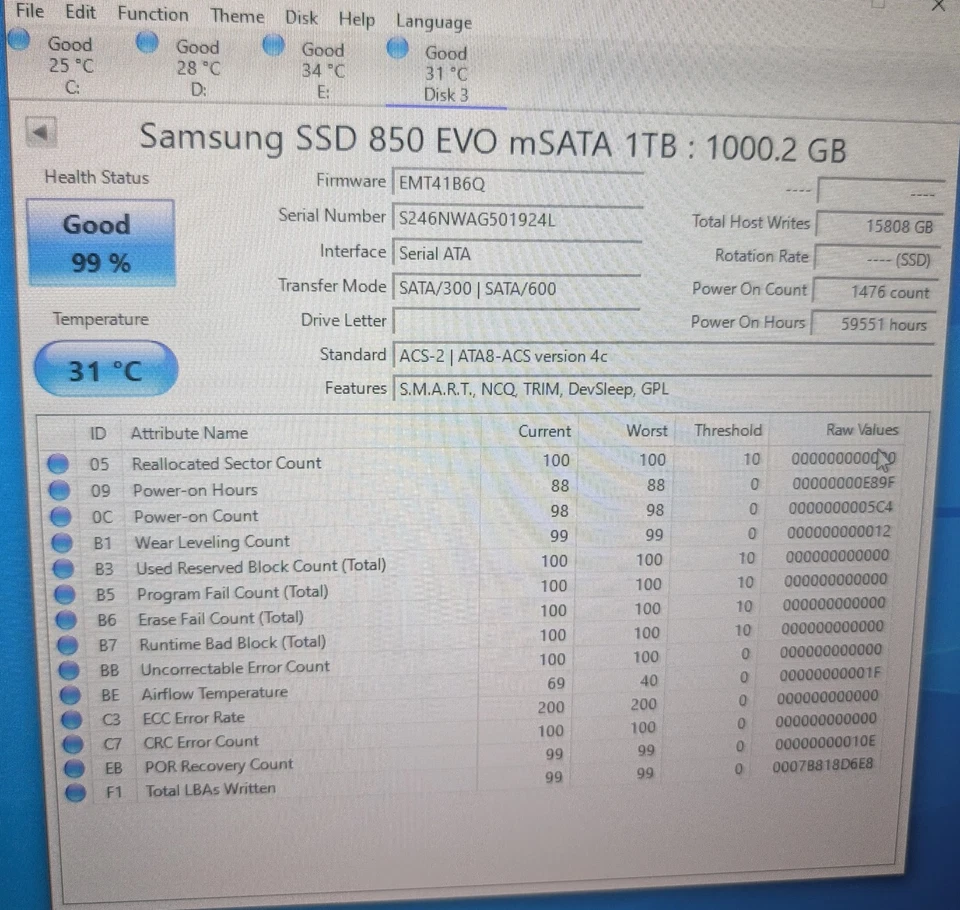 Samsung 850 EVO mSATA 1TB SSD (MZ-M5E1T0) 3D V-NAND 6Gb/s 1.8" 99% vita sinistra A - Immagine 2 di 3