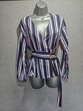 Boohoo Stripe Wrap Top Long Sleeve Belted Blouse UK 8 BNWT V Neck