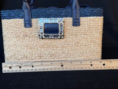ROGER VIVIER Viv Skate Strass Buckle Small Raffia Blue Tote Bag w