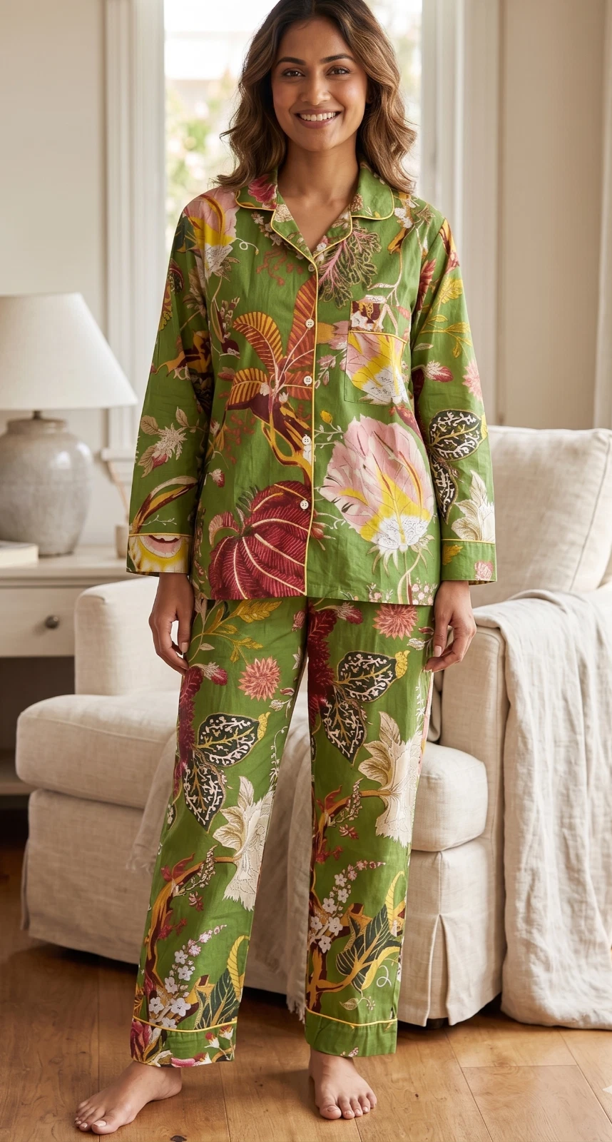Green Floral Print Cotton Pajama Set Bridesmaid PJ set Loose Nightwear Clothing
Opens in a new windo