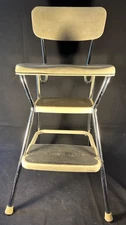 Vintage Beige Vinyl Cosco Metal Step Stool Chair w/ Flip-Up Seat