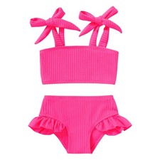 Toddler Girls Two Pieces Swimsuit Color Block Stripe Swimwear Summer Beach Ba...