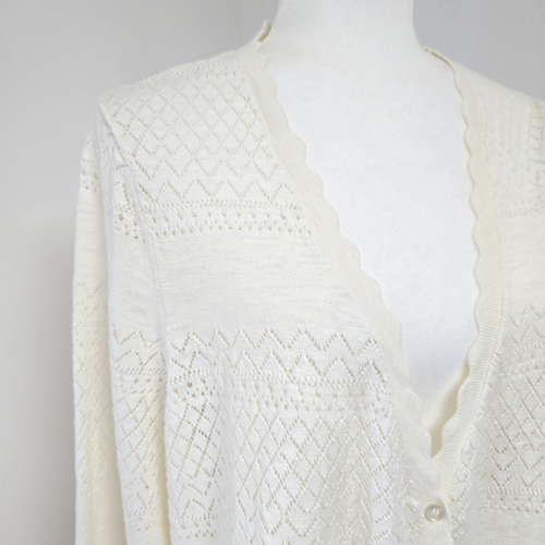 Frye Strickjacke XXL creme Pointelle Strick V-Ausschnitt leicht adrett Cottagecore - Bild 2 von 12