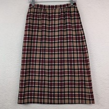 Vintage Pendleton Plaid Wool Skirt Size 6 A-Line Midi Pockets Tan Burgundy
