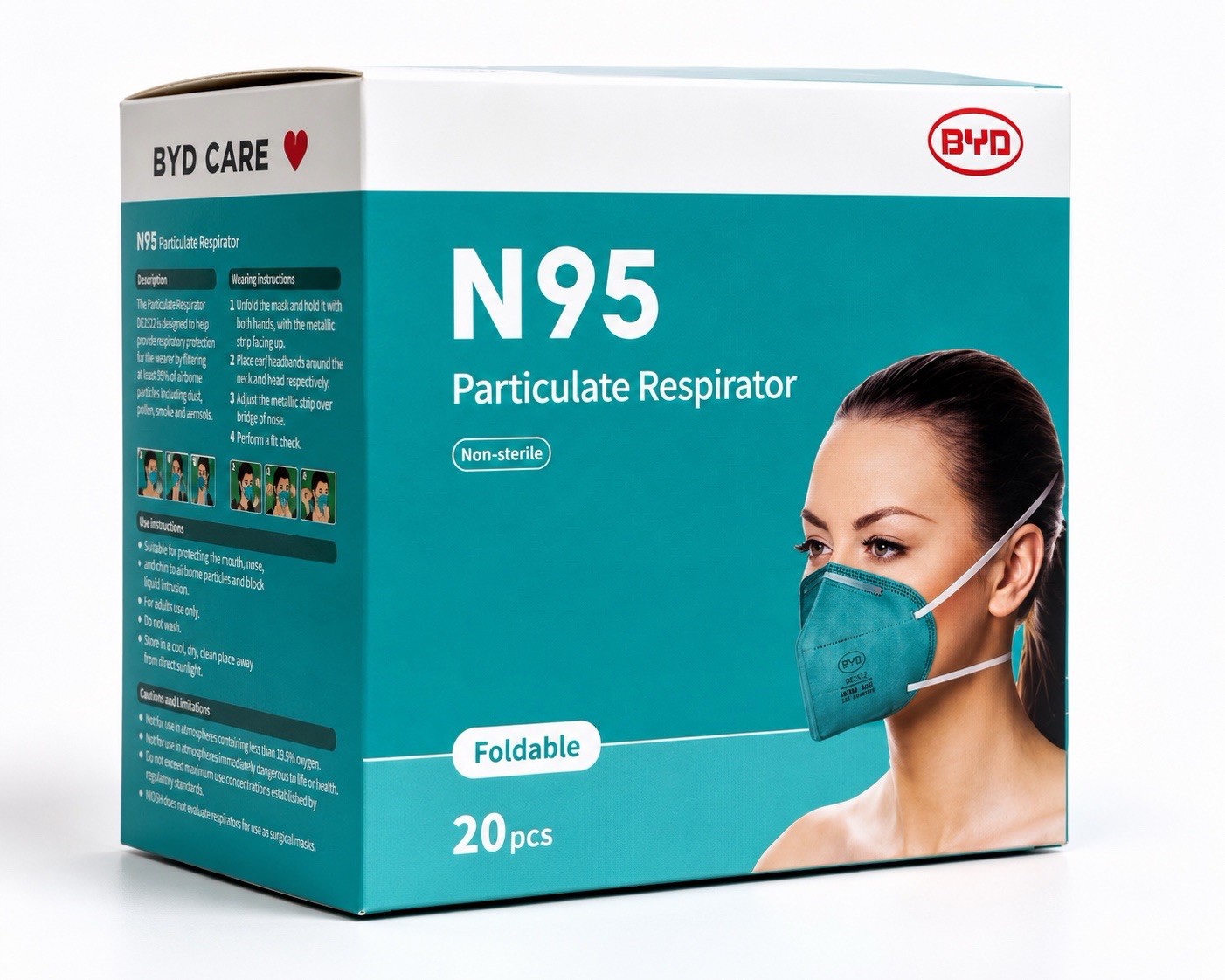 BYD CARE N95 Foldable Particulate Respirator Half Mask, Universal, 20 pcs DE2322
