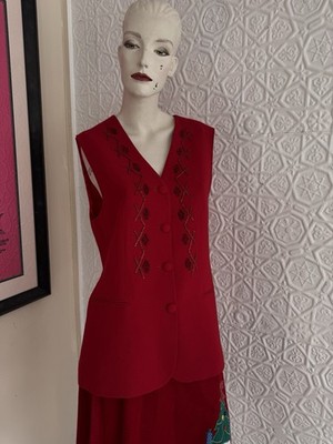 Vintage Liz Claiborne Red Beaded Wool Ladies Vest-Si2 Medium-New Old Stock-1990s