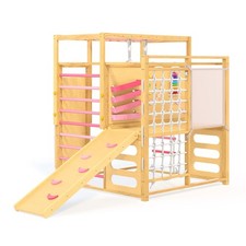 3-Level 9 in 1 Indoor Jungle Gym, Wooden Climber with Slide for Kids 2-8