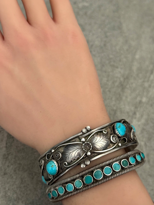 Vintage Native American Navajo A LEE Turquoise Blossom Sterling