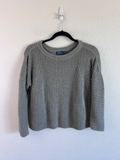 Polo Ralph Lauren Grey Boxy Ribbed Cropped Cotton Pullover Sweater Fisherman SM
