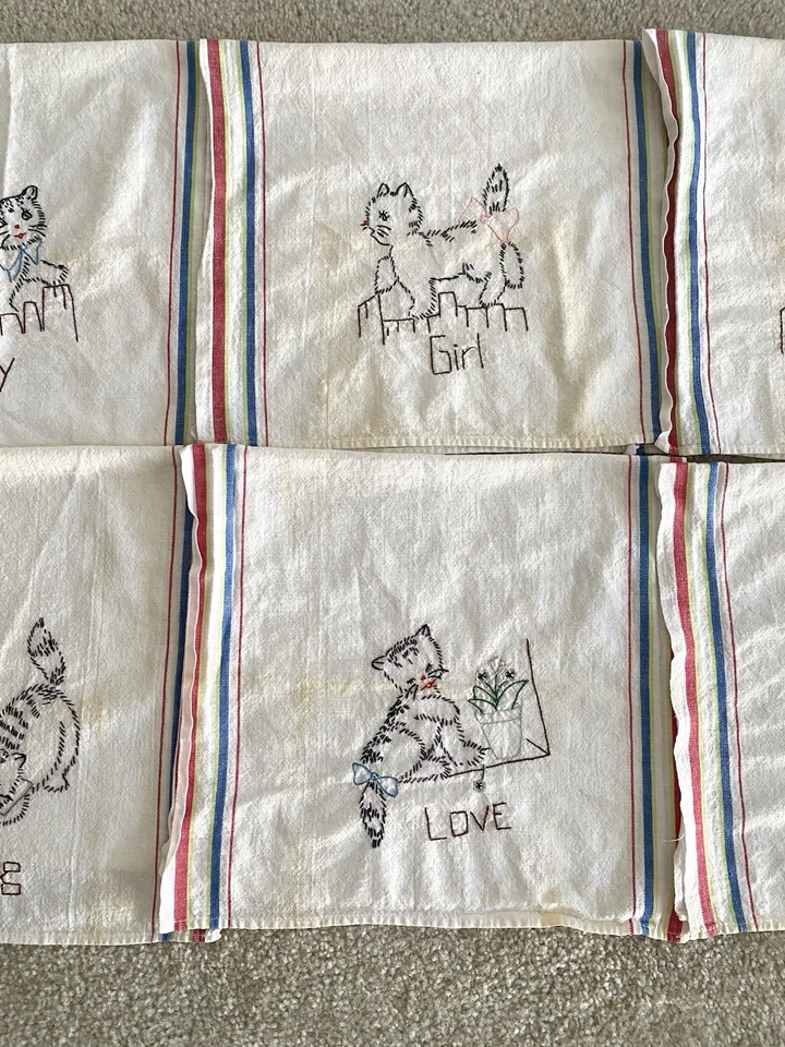 Vintage 1950s FLOUR SACK EMBROIDERED KITTEN KITCHEN Kitchy Dish Tea Towels - Image 3 of 4