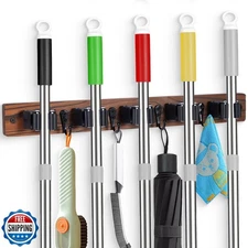 Broom Holder Wall Mount With 5 Slots and 4 Hooks，Rustic Wood Broom and Mop Ha