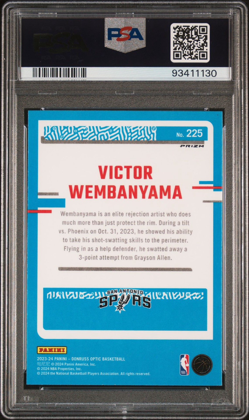VICTOR WEMBANYAMA PSA 10 2023-24 DONRUSS OPTIC HOLO SILVER #225 ROOKIE- SPURS RC view 2