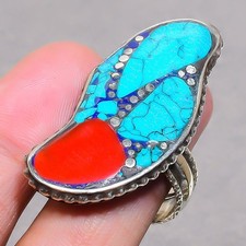 Tibetan Turquoise Red Coral Handmade Boho Nepali Jewelry Adjustable Ring SR 3393
