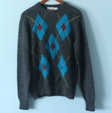 Vintage McGregor Wool Sweater Gray Blue Argyle Made in USA Size Large