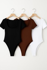 Basic Ribbed Bodysuit for Women Black, Brown, White Set