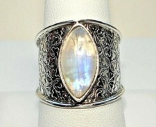 AB Exceptional Rainbow Moonstone .925 Sterling Silver Wide Band Ring 8.5