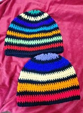 Lot of 2 Colorful Crochet Striped BEANIE HATS CAPS Rainbow Boho Handmade New