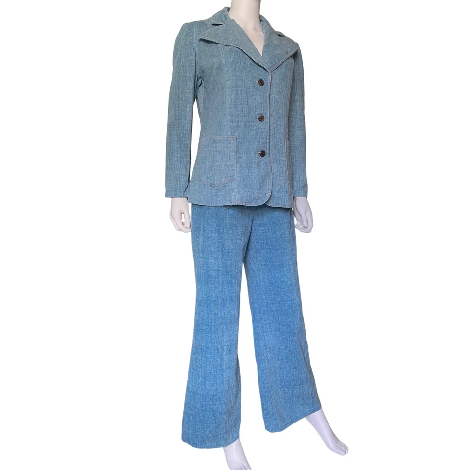 70s Denim Bell Bottom Set, Jacket + Flare Pants Sears 2 Piece, S/M - Image 2 of 4