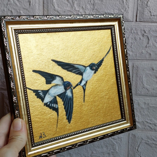 Swallow Bird painting Couple of swallows Art Gold Framed Fly Bird Artwork - Video 1 of 1